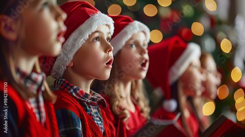 A group of children sing traditional New Year's songs near the Christmas tree on New Year's Eve