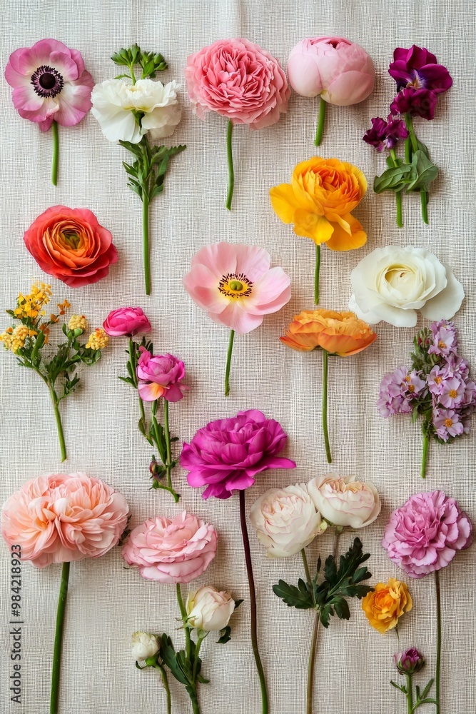 A set of vibrant flowers arranged in a perfect grid on a backdrop. A set of vibrant flowers arranged in a perfect grid on a backdrop.