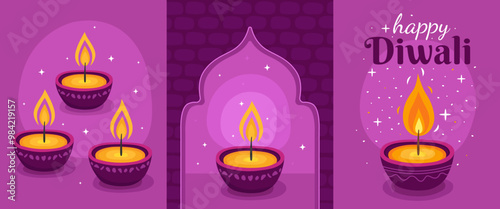 Diwali holiday. Collection of cards for the Indian festival of lights. Dark purple burning traditional diwali candles or oil lamps on a purple background, Indian arch. Happy Diwali.