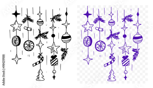 Christmas garland, new year decoration, outline, monochrome vector drawing