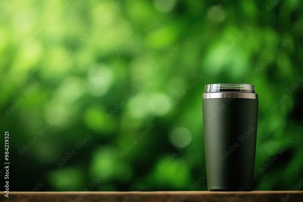 custom made wallpaper toronto digitalGreen stainless steel tumbler on wooden table with blurred greenery background