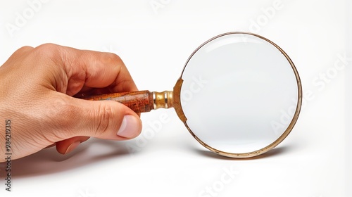 Hand holding magnifying glass. isolated on white background.