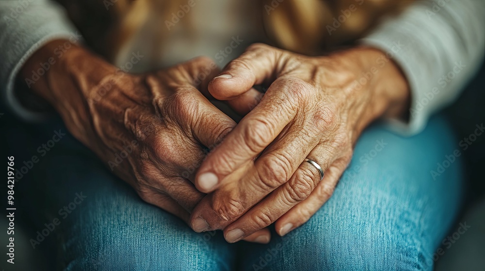 Fototapeta premium Closeup of Elderly Hands Clasped Together, Wearing a Ring