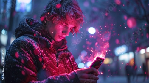 Portrait of a white man using a smartphone in the Metaverse with a social media interface.