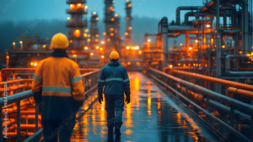 Workers in safety gear walking through an industrial area with glowing pipes and machinery, showcasing teamwork and safety. Workers in safety gear walking through an industrial area with glowing pipes and machinery, showcasing teamwork and safety.