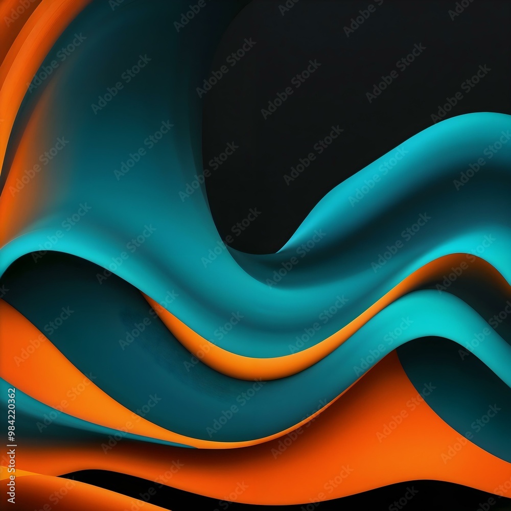 Fototapeta premium Vibrant orange teal white psychedelic grainy gradient color flow wave on black background