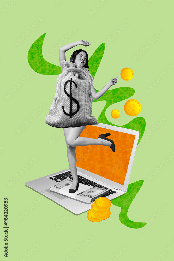Φωτογραφία Vertical photo collage of happy girl dance instead body dollar bag freelance wor