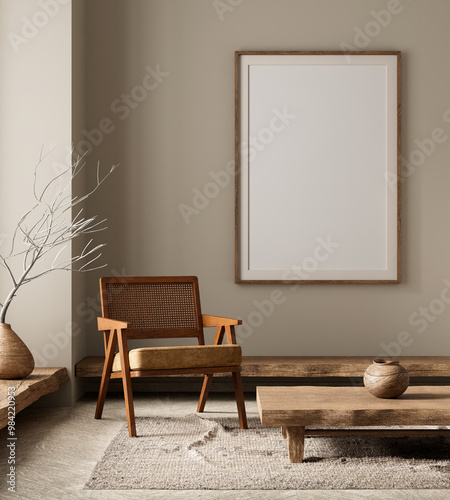 Mock up poster frame in boho style decorated livinig room. Light modern Interior design of living room with wooden furnitures. 3D illustration photo