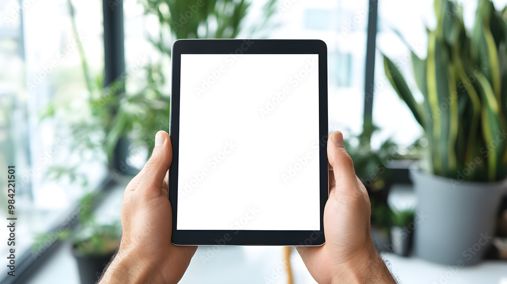 Male hands holding a tablet with a blank screen, surrounded by indoor plants and a bright modern environment Male hands holding a tablet with a blank screen, surrounded by indoor plants and a bright modern environment