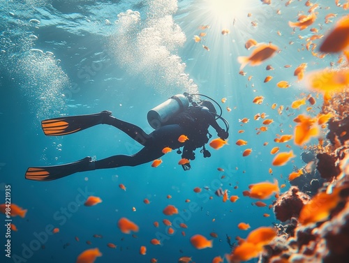 A scuba diver explores a vibrant underwater scene filled with colorful fish and coral, capturing the beauty of marine life.