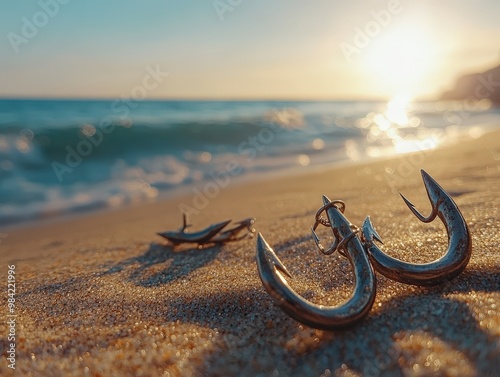 A serene beach scene featuring fishing hooks resting on the sand, illuminated by a golden sunset over gentle ocean waves.