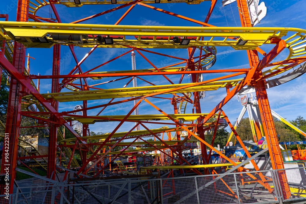 Looking up roller coster named cat and mouse at fun fair named Knabenschiessen at Swiss City of Zürich on a sunny late summer afternoon. Photo taken September 6th, 2024, Zurich, Switzerland. Looking up roller coster named cat and mouse at fun fair named Knabenschiessen at Swiss City of Zürich on a sunny late summer afternoon. Photo taken September 6th, 2024, Zurich, Switzerland.