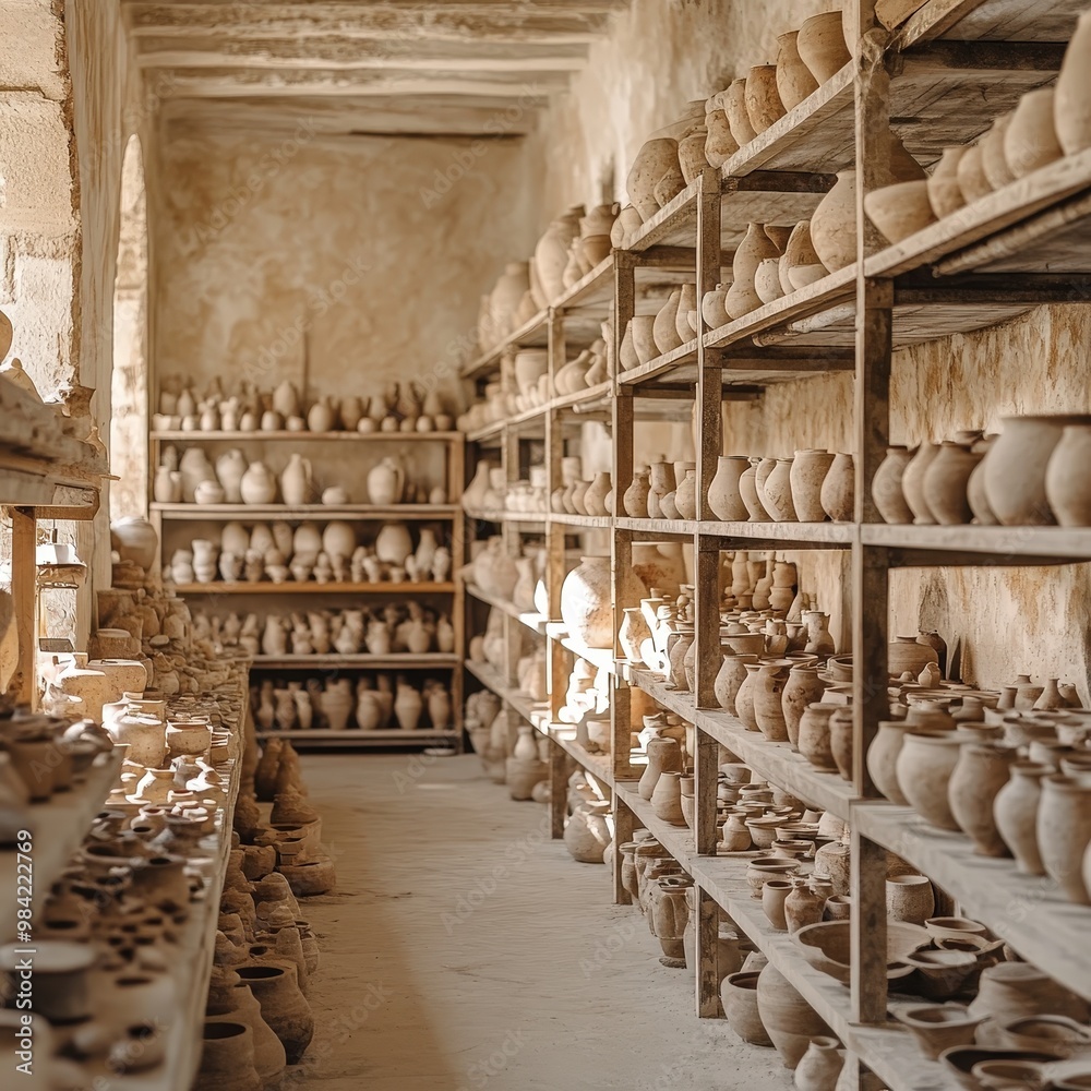 A serene pottery studio showcasing an array of handcrafted ceramic vessels lined on wooden shelves, embodying artistry and tradition.