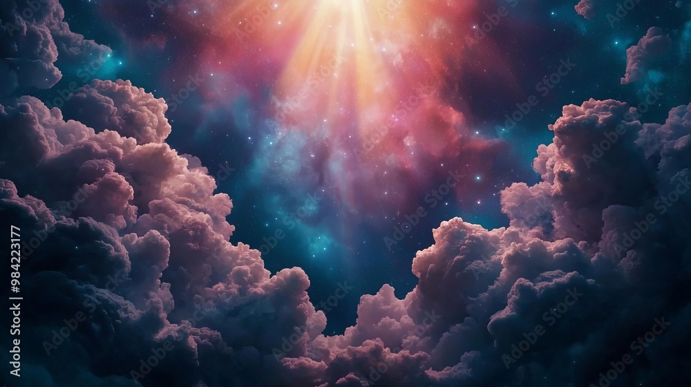 Fototapeta premium A breathtaking view of cosmic clouds illuminated by radiant light, capturing the beauty of the universe in vibrant colors.