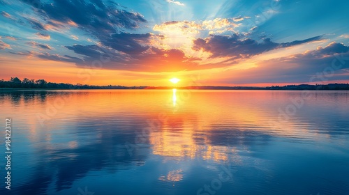 Sunset Reflecting in Calm Lake Water