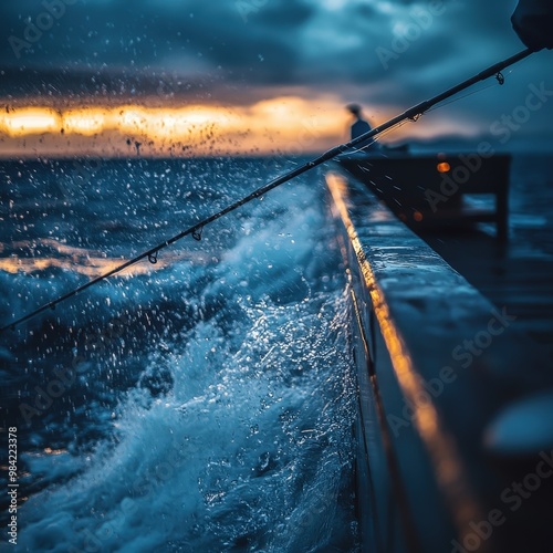 A serene scene of a fishing rod over the water at sunset, capturing the beauty of nature and tranquility at the pier. photo