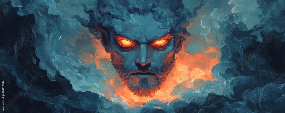 Fototapeta premium A mystical figure emerges from dark clouds, featuring glowing eyes and fiery elements, evoking a sense of wonder and mystery.