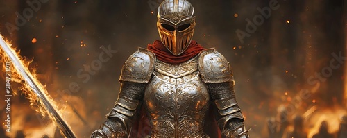 A heroic knight stands valiantly amid flames, showcasing strength and bravery in a breathtaking battle scene.