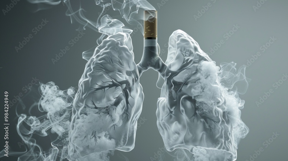 Image: cigarette in lungs emitting smoke, highlighting smoking's harm in a visually striking manner against a blue-gray backdrop. Image: cigarette in lungs emitting smoke, highlighting smoking's harm in a visually striking manner against a blue-gray backdrop.