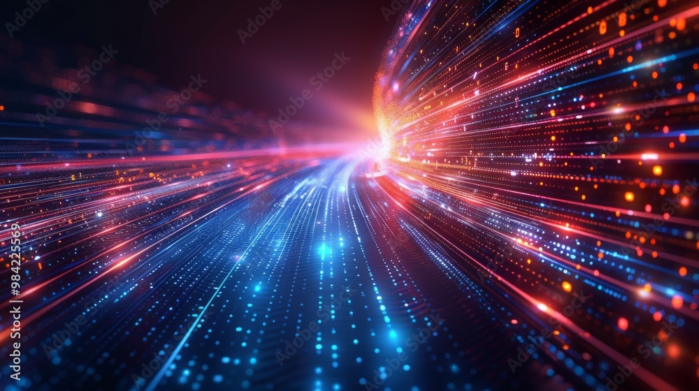 Obraz premium Vibrant abstract digital scene with blue and red lines forming geometric shapes, data points, and glowing sphere in explosive motion on black background.