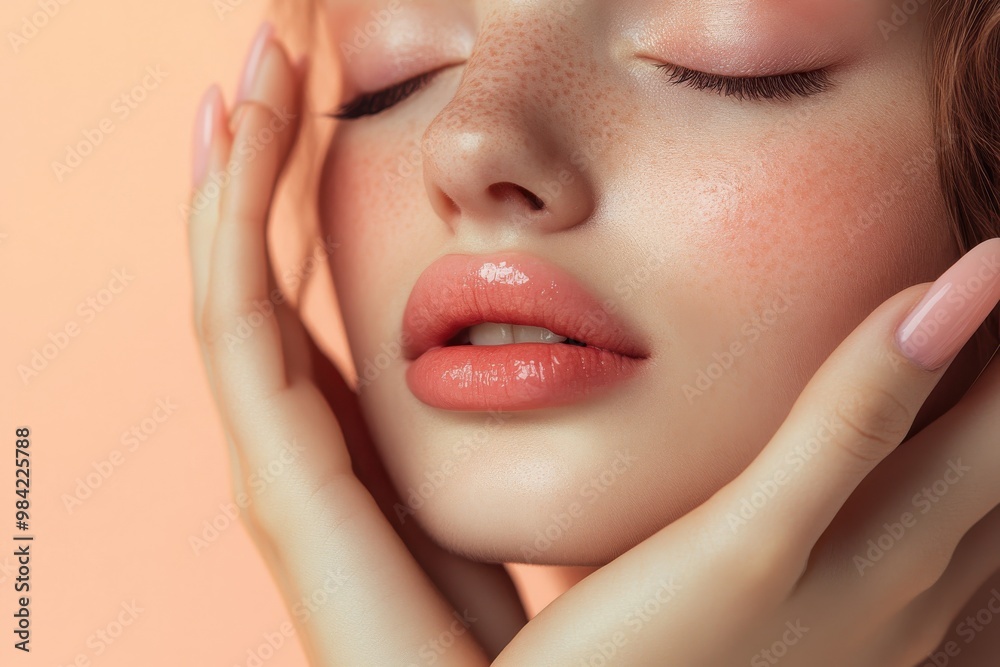 Fototapeta premium A graceful woman with her hands gently resting on her face, showcasing long, delicate fingers