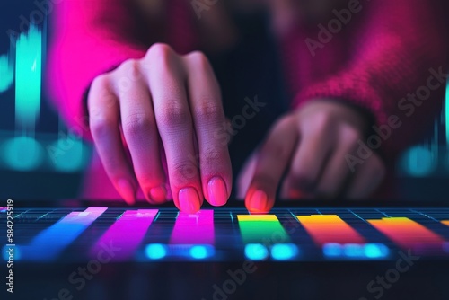 A person interacts with a colorful digital soundboard, using their hand to manipulate various bright buttons and controls, Business idea concept. photo