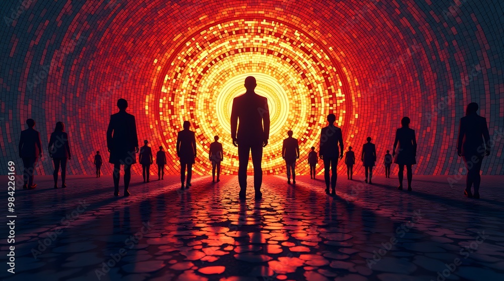 Fototapeta premium Silhouettes of People Walking Towards Bright Light in Tunnel