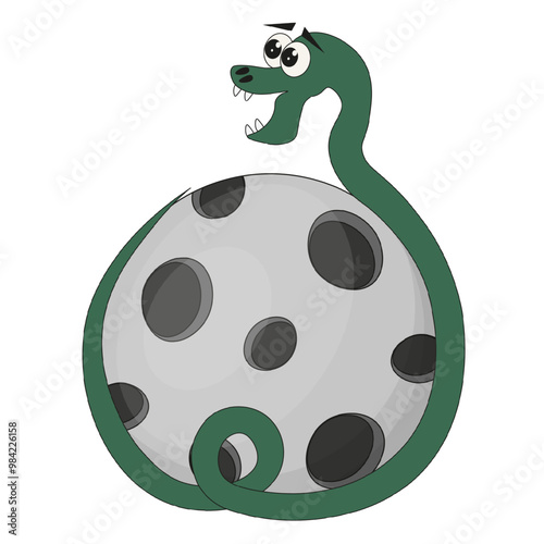 Vector snake wraps around the moon. A boa on the moon isolated transparent. Flat style anaconda snake in the space. EPS 10 Editable stroke.