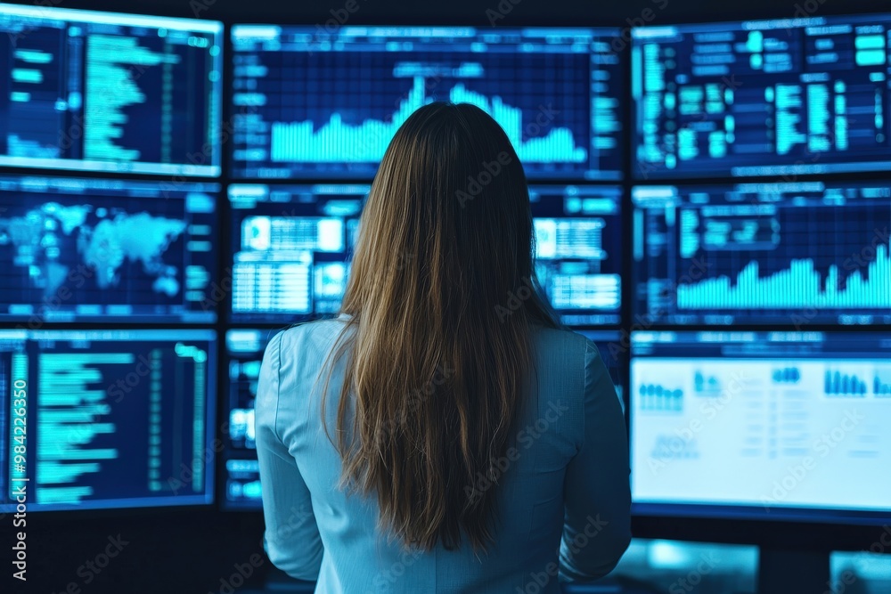 A woman analyzes financial data displayed on multiple screens, showcasing graphs and charts in a dimly lit, technology-driven environment, Business idea concept. A woman analyzes financial data displayed on multiple screens, showcasing graphs and charts in a dimly lit, technology-driven environment, Business idea concept.