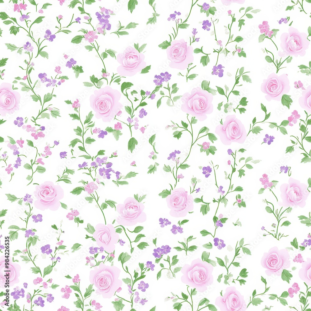 A delicate floral pattern featuring soft pink roses and purple blooms on a white backdrop, perfect for charming designs. A delicate floral pattern featuring soft pink roses and purple blooms on a white backdrop, perfect for charming designs.
