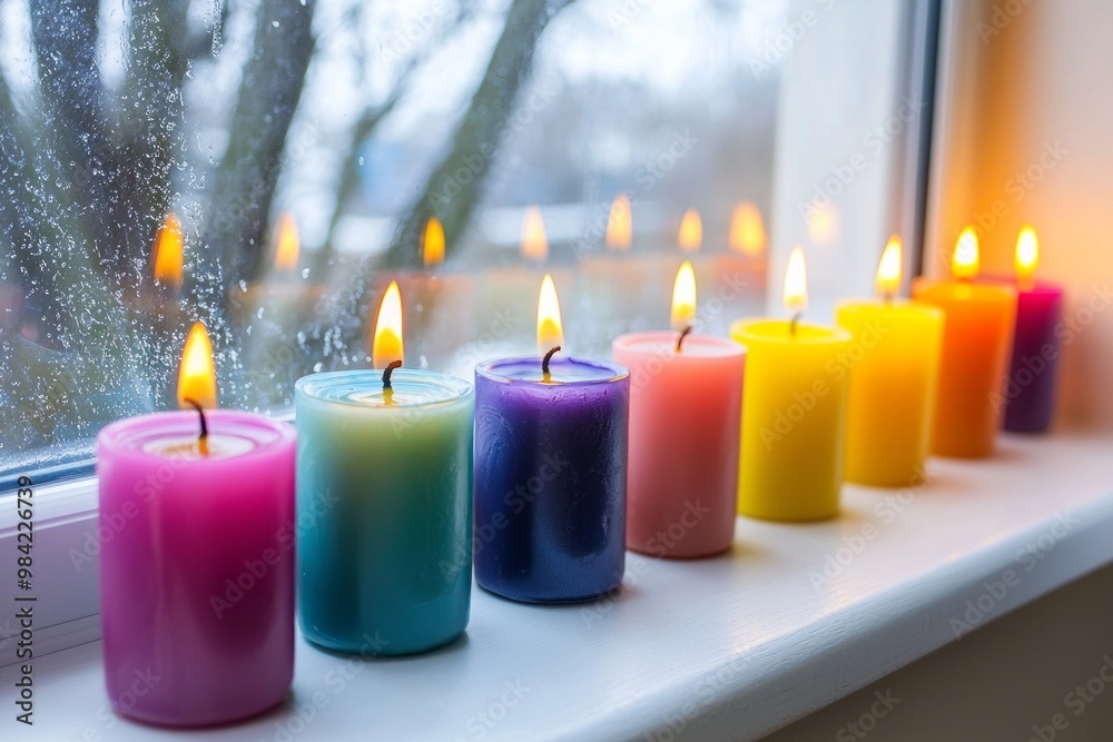 Brightly colored candles placed in a neat row along a windowsill Brightly colored candles placed in a neat row along a windowsill