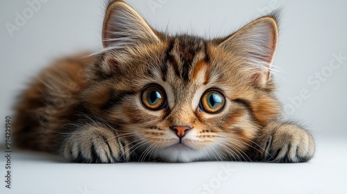 A close-up of a playful, fluffy kitten with striking blue eyes.