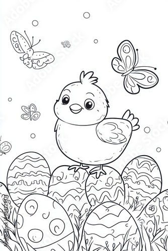 A happy little chick standing on a pile of Easter eggs, decorated with simple patterns