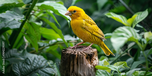 Yellow Bird on Tree Stump in Forest