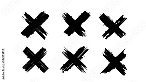 Set of Thick Bold Grunge Paint Brush Stroke X Cross Mark Vector PNG Icons on Transparent Background