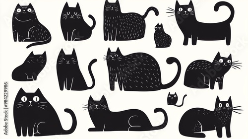 In a delightful display, a variety of fluffy black cats sit and play together, captured in a linocut style. Each cat showcases its own personality, adding charm to the piece.