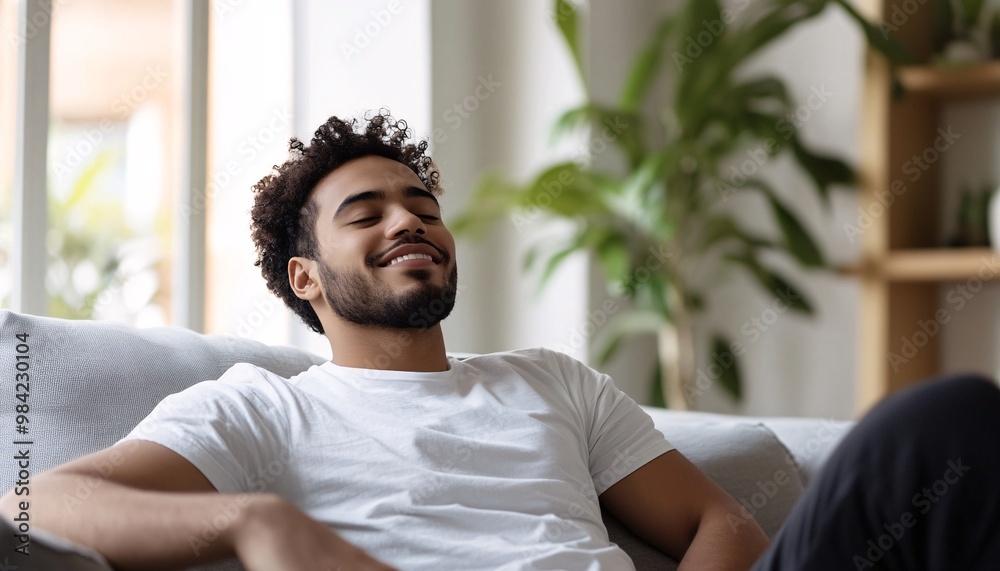 A relaxed man enjoying tranquility at home, exuding calmness and comfort in his cozy living space. A relaxed man enjoying tranquility at home, exuding calmness and comfort in his cozy living space.