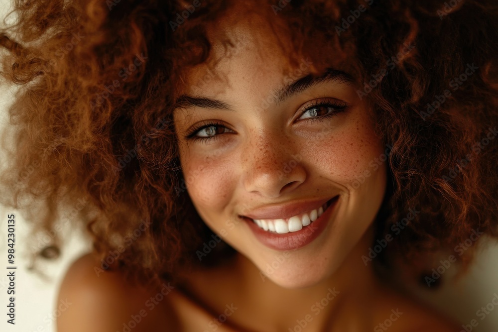 A joyful woman with voluminous curly hair, smiling brightly and looking slightly to the side