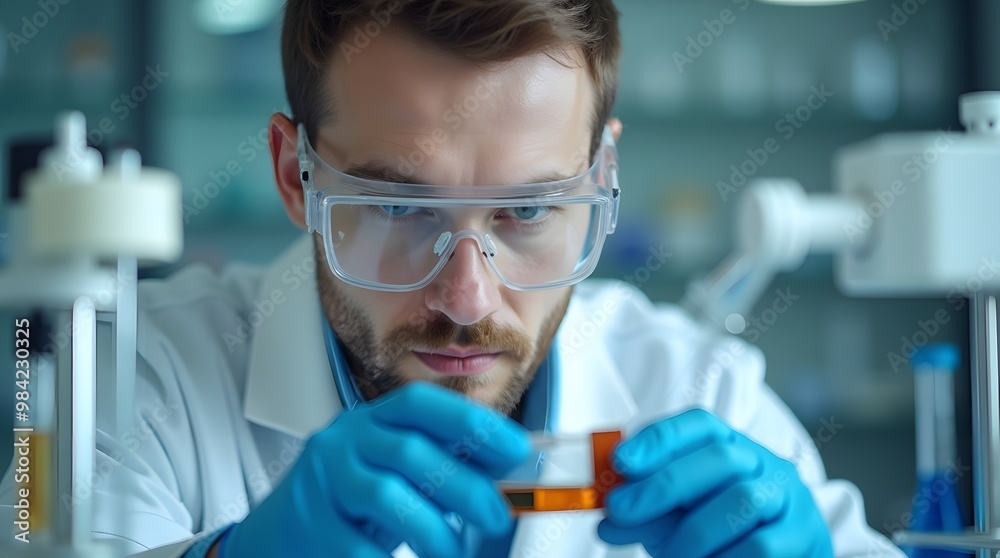 Scientist in lab coat examines a test tube Scientist in lab coat examines a test tube