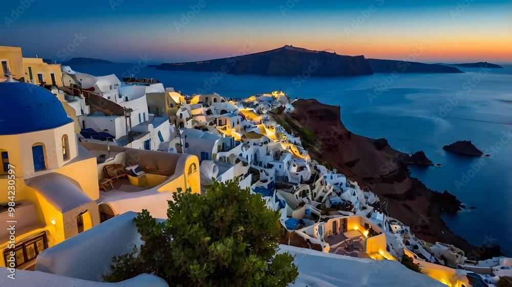 Fototapeta premium Santorini Greece – Blue Domes and Aegean Sea at Sunset