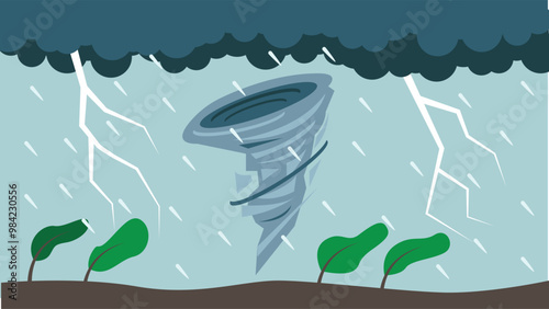 Heavy Storm with Whirlwind Tornado. Bad weather and climatic disasters concept vector illustration