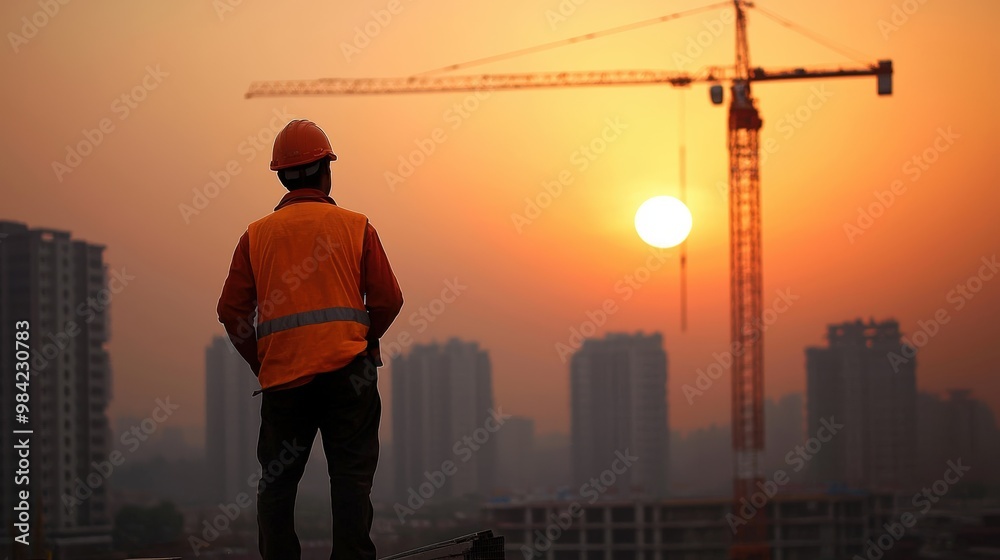 The sun is setting in the background, casting a warm glow over the scene The sun is setting in the background, casting a warm glow over the scene