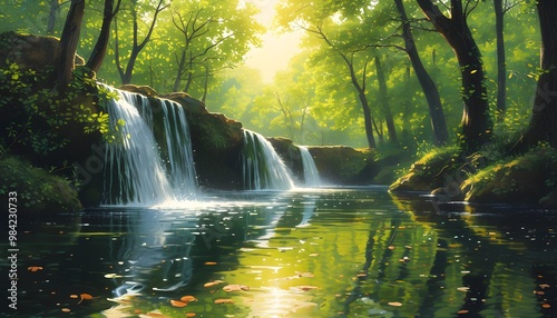 Serene waterfall nestled among lush greenery, sunlight reflecting on tranquil waters and vibrant leaves.