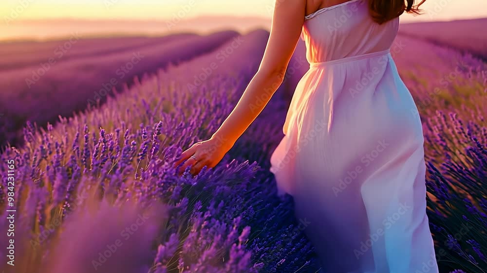 Hand woman tenderly holds lavender flowers summer sunset slow motion slide back. Slide field of large blooming of lavender flowers. Sun's rays are purple plant Relax. Aromatherapy.