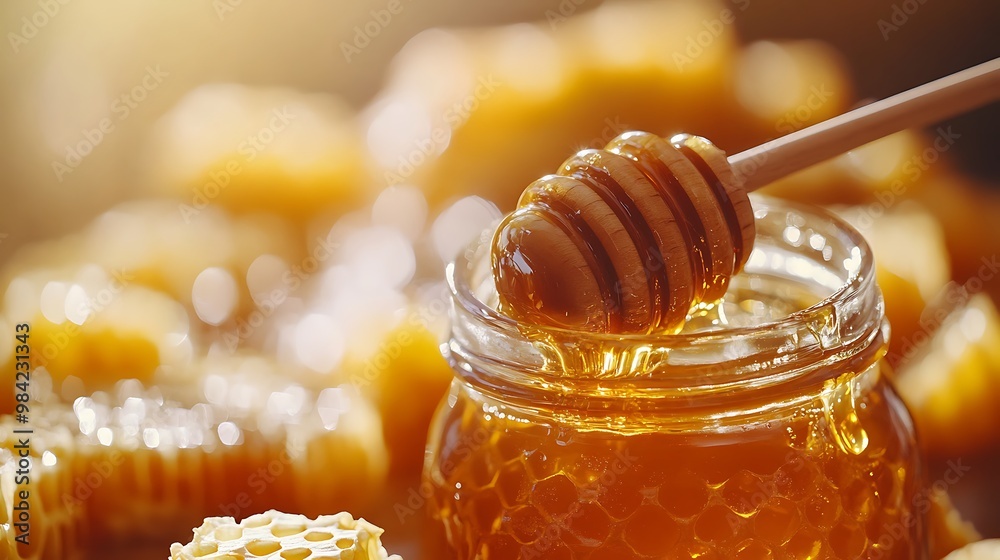 a jar of honey with a wooden dipper and honeycomb, Generative AI a jar of honey with a wooden dipper and honeycomb, Generative AI