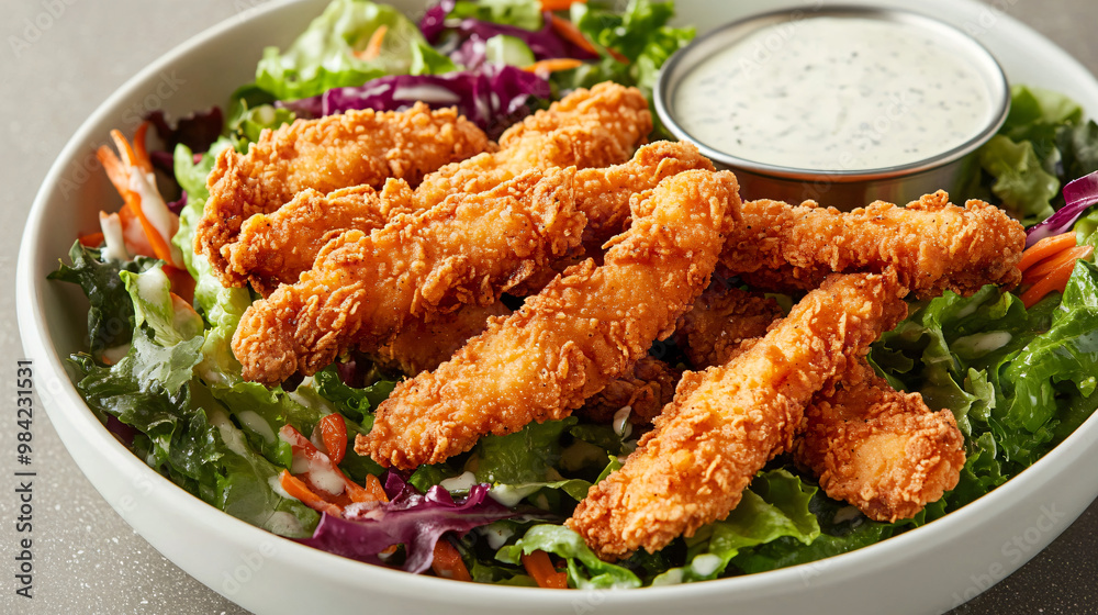 A visual of a colorful salad topped with crispy chicken strips and a side of ranch dressing.