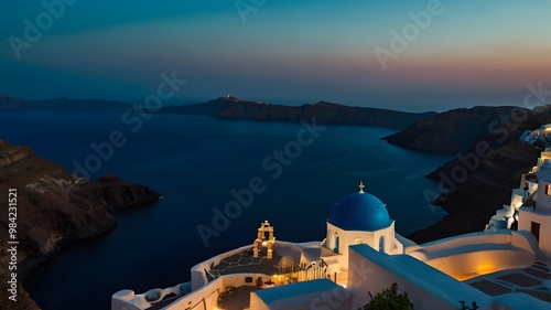 View from Santorini at Dusk – Iconic Blue Domes and Horizon