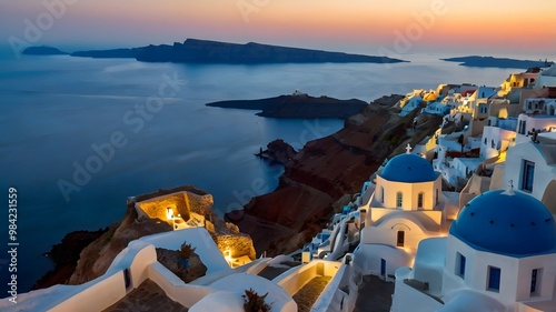 Panorama of Santorini – Sunset Over Blue Domes and Aegean Sea