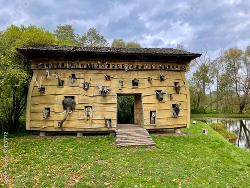 Image of the ark with an animal at the pond in the park in Radziejowice. Photo zone.