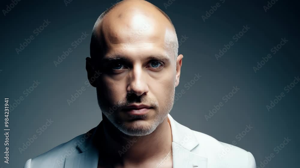 Portrait of a serious bald man in a white suit, with striking features and intense expression, shot against a dark gradient background. Portrait of a serious bald man in a white suit, with striking features and intense expression, shot against a dark gradient background.